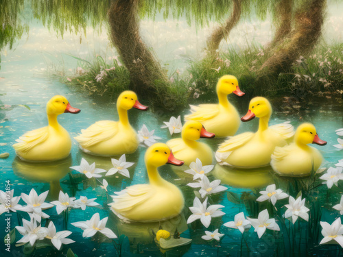 7 yellow ducklings swimming in a lake in the spring surrounded by white lilies