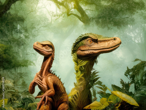 Two raptor dinosaurs in a prehistoric jungle photo