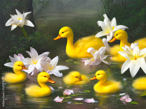 Yellow ducklings swimming in a pond with white lily flowers