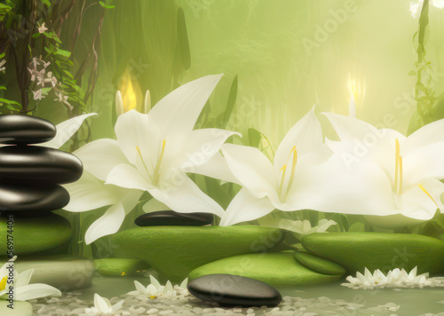 Black therapy stones surrounded by white lily flowers and green plants by a small pond