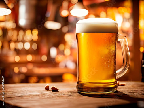 Large beer in a glass with foam on top on a wooden desk in a bar photo