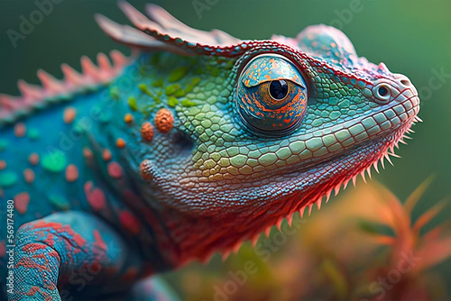 Close up portrait of colorful vibrant chameleon on tree branch with defocused environment background. Generative AI illustration.