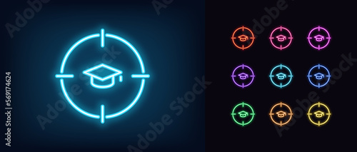 Outline neon education target icon set. Glowing neon aim frame with academic hat sign, knowledge priority pictogram. Business learning, higher education, MBA, focus on study.