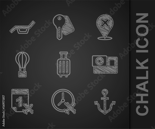 Set Suitcase, Clock with airplane, Anchor, Action camera, Calendar and, Hot balloon, Plane and Sunbed umbrella icon. Vector