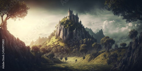 fantasy castle sunrise over the mountains