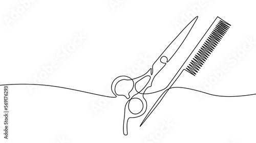 One line continuous scissors hairdresser symbol concept. Silhouette hair design image style technology icon. Digital white single line sketch drawing vector illustration