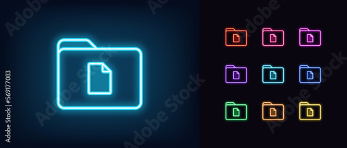 Outline neon file folder icon set. Glowing neon folder frame with document sign. Business report folder, document storage, contract and certificate directory, agreement sheet.