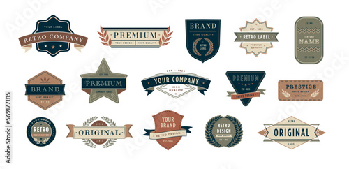 Retro badges. Old-fashioned label template for premium sticker or banner design. Emblem frame vector collection