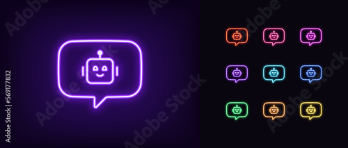 Outline neon bot message icon set. Glowing neon bubble message frame with chat bot sign, robot head pictogram. Virtual assistant, live chatbot support, smart bot with command control.