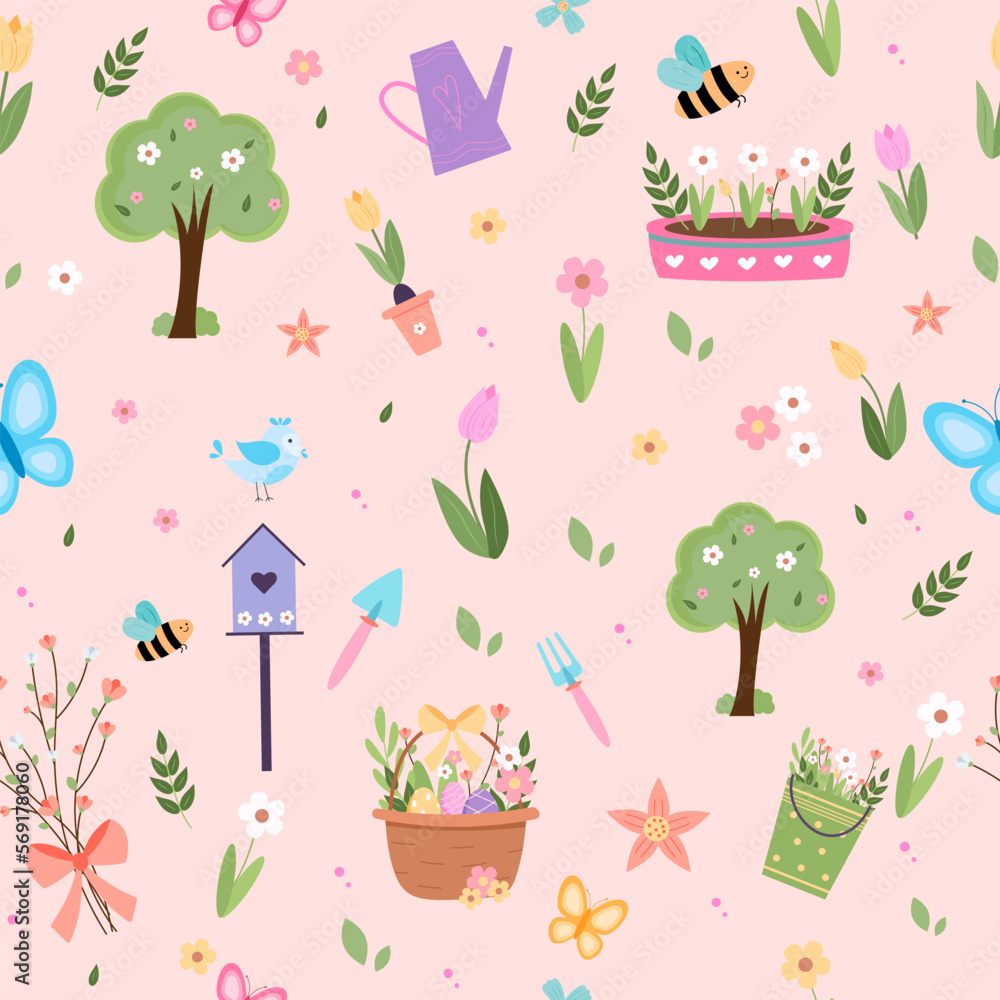 Spring elements collection cute birds bees flowers butterflies easter eggs hand drawn elements. pattern Spring elements collection cute birds bees flowers butterflies easter eggs hand drawn elements. pattern