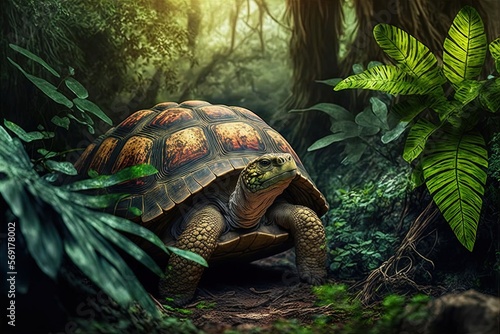 a wild amazon tortoise in the tropical rain forest Generative AI photo