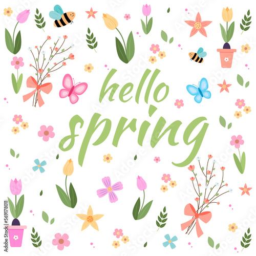 Hello spring lettering with cute birds, bees, flowers, butterflies. hand drawn flat cartoon elements.