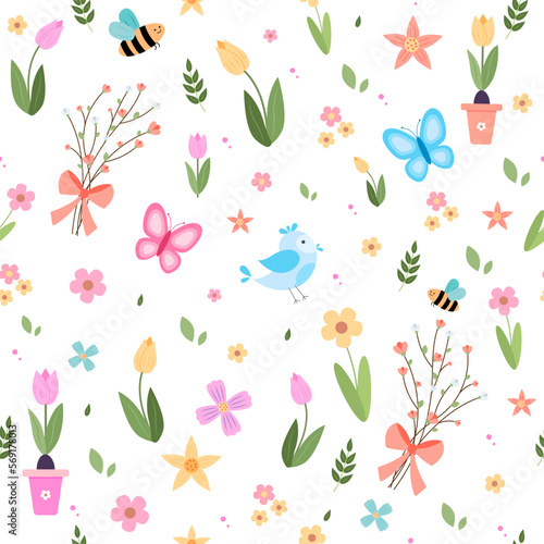 Spring elements collection cute birds bees flowers butterflies easter eggs hand drawn elements. pattern