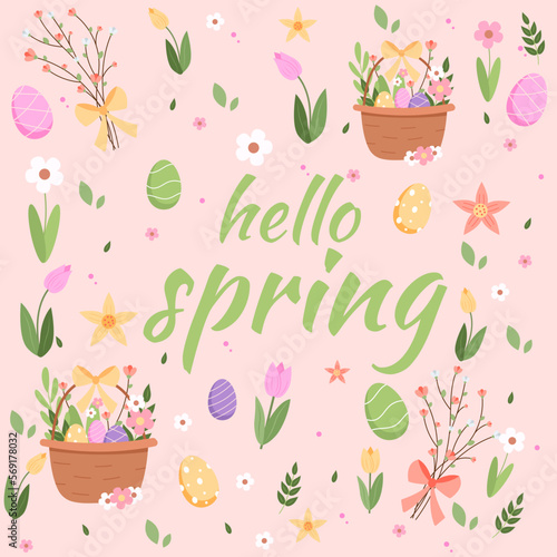 Hello spring lettering with cute birds, bees, flowers, butterflies. hand drawn flat cartoon elements.