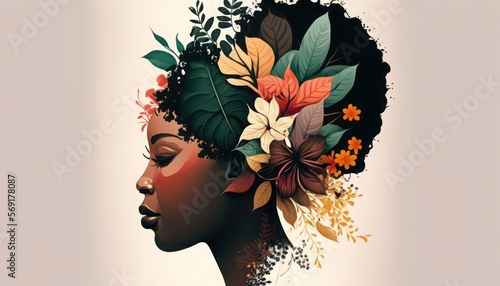 Woman's Day, 8 of March, African Woman with flowers in hair, generative ai © AI BLONDY