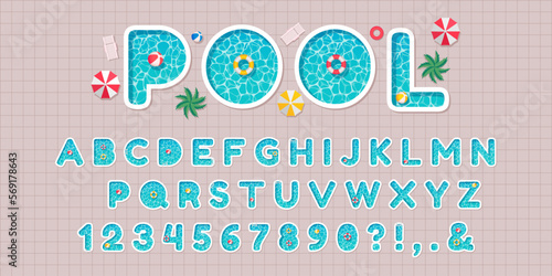 Pool party font. Swimming pools alphabet letters and numbers with water surface texture, beach umbrellas and swim rings vector set
