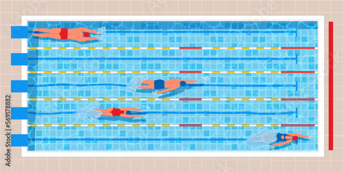 Top view swimming pool. Pool race with professional swimmers in swimwear, water sport vector illustration