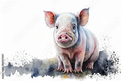 Isolated, Watercolor Pig Drawing, Beautiful Pig on white background, Generative Ai