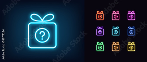 Outline neon gift box icon set. Glowing neon gift box frame with question sign, secret present pictogram. Unknown surprise, puzzle gift, mystery present, bonus prize and giveaway.