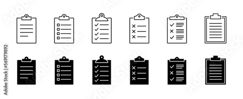 Clipboard icon set. Clipboard with checklist icon. Document with checkmark, cross