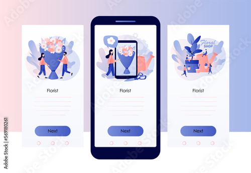 Florist concept. Floral shop online. Flower bouquet and flower pots. Floristic business. Flower delivery. Screen template for mobile, smartphone app. Modern flat cartoon style. Vector illustration