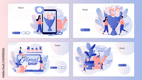 Florist concept. Floral shop online. Flower bouquet and flower pots. Floristic business. Flower delivery. Screen template for landing page, template, ui, web, mobile app, poster, banner, flyer. Vector