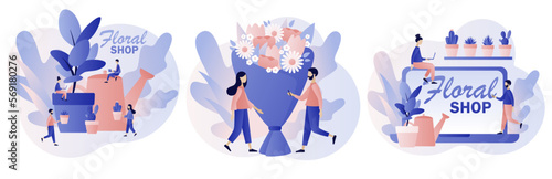 Florist concept. Floral shop online. Flower bouquet and flower pots. Floristic business. Flower delivery. Modern flat cartoon style. Vector illustration on white background
