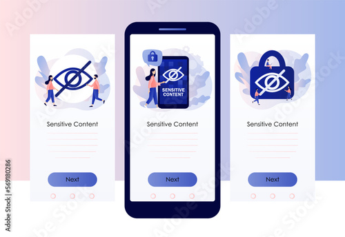 Sensitive content concept. Eye crossed sign. Explicit content in social media, website, photos, pictures and video. Screen template for mobile, smartphone app. Modern flat cartoon style. Vector