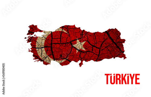 Turkey earthquake. Map with cracked, cracked and collapsed ground and Turkish flag. Big earthquake on the map. Ready design on a white background.