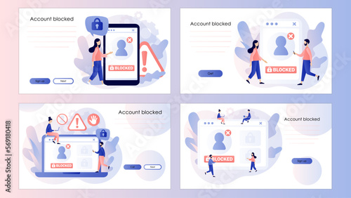 Account blocked. Hacker cyber attack, censorship or ransomware activity security. Data protection concept. Screen template for landing page, template, ui, web, mobile app, poster,banner, flyer. Vector