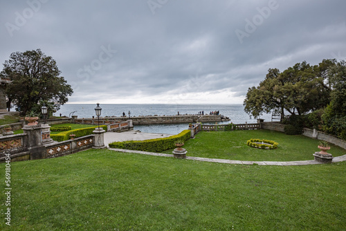 MIRA MARE CASTLE, TRIEST, FRIULI VENEZIA GIULIA, ITALY - APRIL 2022: view of Mira mare Castle and park in Trieste