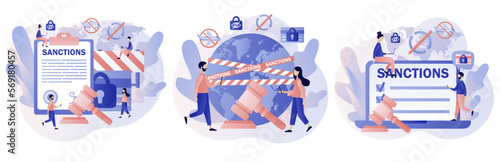 Economic sanctions. Protect International law. Political concept. Country peace and security. Limit, ban or stop trading. Modern flat cartoon style. Vector illustration on white background