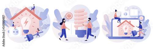 Energy saving. Sustainability concept. Reduce energy consumption at home. Unplug appliances and use energy saving light bulb. Modern flat cartoon style. Vector illustration on white background