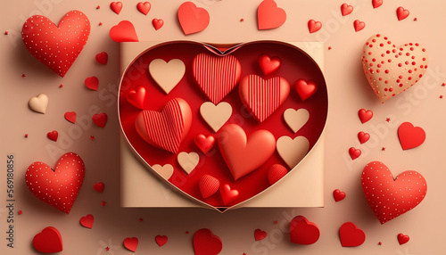 The backdrop of Valentine's Day provides the setting for a flat lay greeting composition that displays a gift box and a group of red hearts.