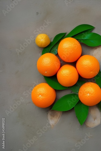 Orange fruit with green leaves on the white wood. Home gardening. Mandarine oranges. Tangerine oranges. Orange color. Fresh orange juice - generative ai © unalcreative