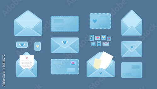 Set of different blue colored postal mails envelopes vector illustration. Open envelopes with romantic love letters and greeting post cards, letters back side with address fields and post stamps.