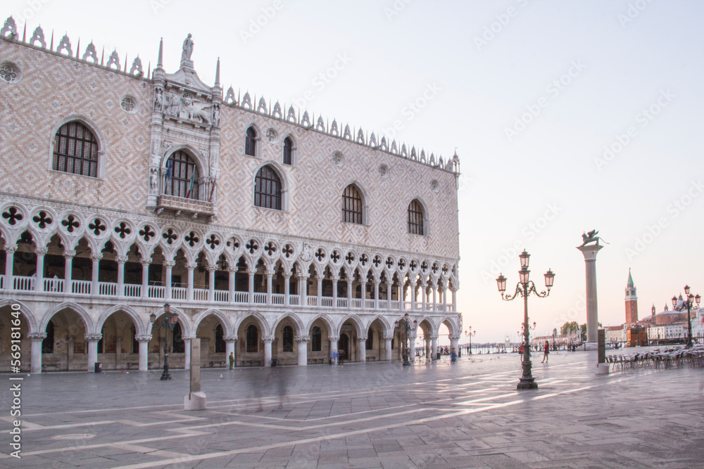 Beautiful view of the Doge's Palace and St. Mark's column on Piazza San Marco in Venice, Italy