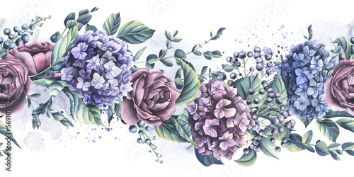Fototapeta Naklejka Na Ścianę i Meble -  Hydrangea flowers, roses and eucalyptus twigs with decorative berries. Watercolor illustration. Seamless banner on a white background from the WEDDING FLOWERS collection. For decoration and design.