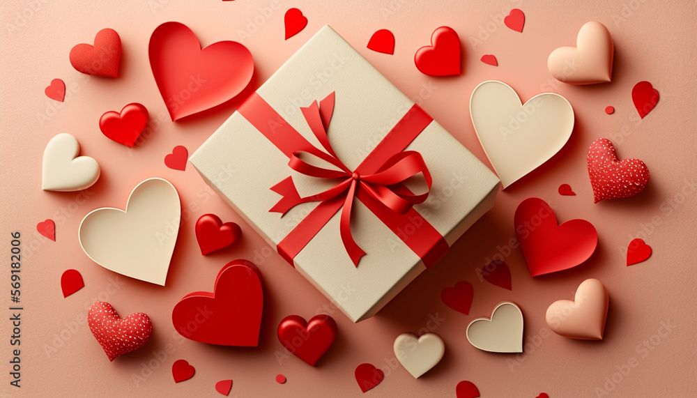 The Valentine's Day background serves as the setting for a flat lay greeting composition that presents a gift box and a collection of red hearts.