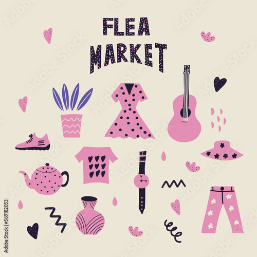 Set of objects that one can find on a flea market: guitar, dress, t-shirt, jeans, vase, hat, plant, tea pot. cute design, flat vector illustration. 