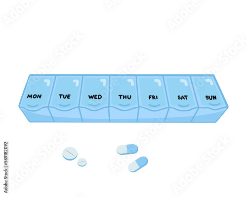 Blue pill box, transparent plastic organizers for every day for tablets and capsules. Help with drug planning. Vector Illustration for printing, background and packaging. Isolated on white background.
