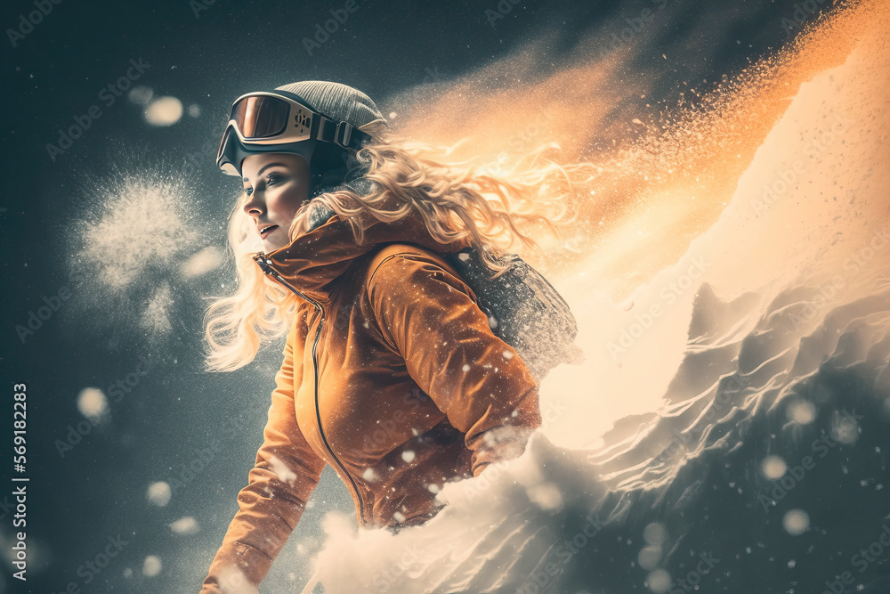 Fototapeta premium snowboarder jumping in the air, man, woman, snow