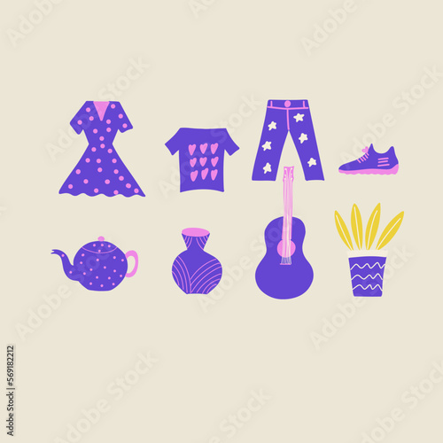 Set of objects that one can find on a flea market: guitar, dress, t-shirt, jeans, vase, hat, plant, tea pot. cute design, flat vector illustration. 