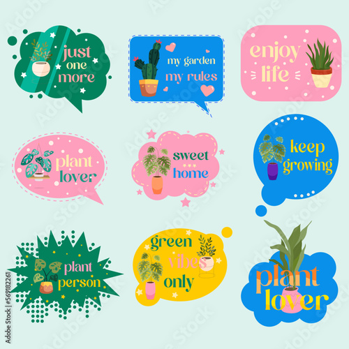 Set of stickers. Houseplants flowerpots isolated icons vector illustration. Decorative home plants, botanical icons and stickers. Potted plants