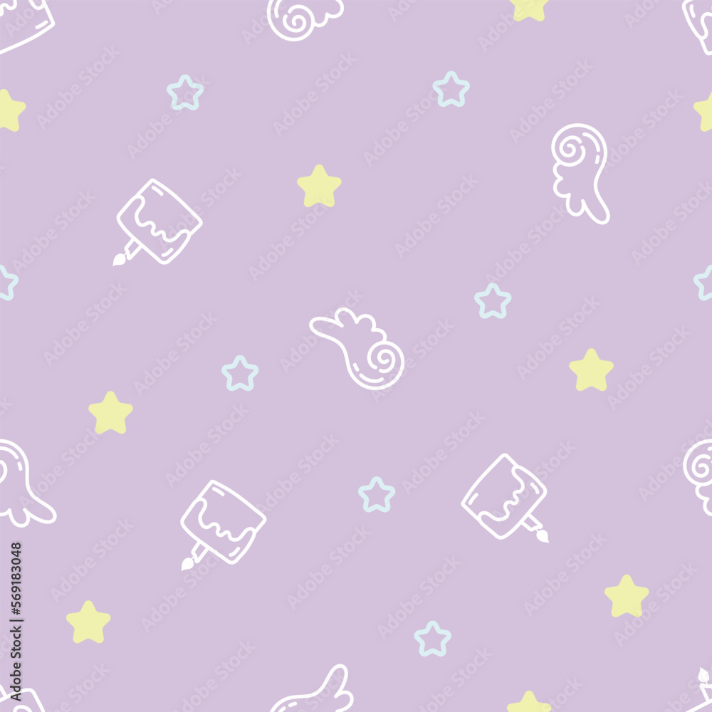 Purple pastel cute doodle star and wing baby cartoon pattern Purple pastel cute doodle star and wing baby cartoon pattern