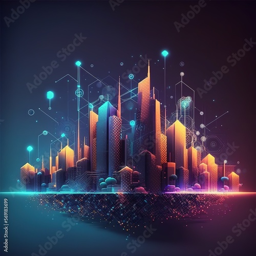 Abstract dot point and smart city link to gradient line and aesthetic Concept of intricate wave line design and big data connection technology  generative ai