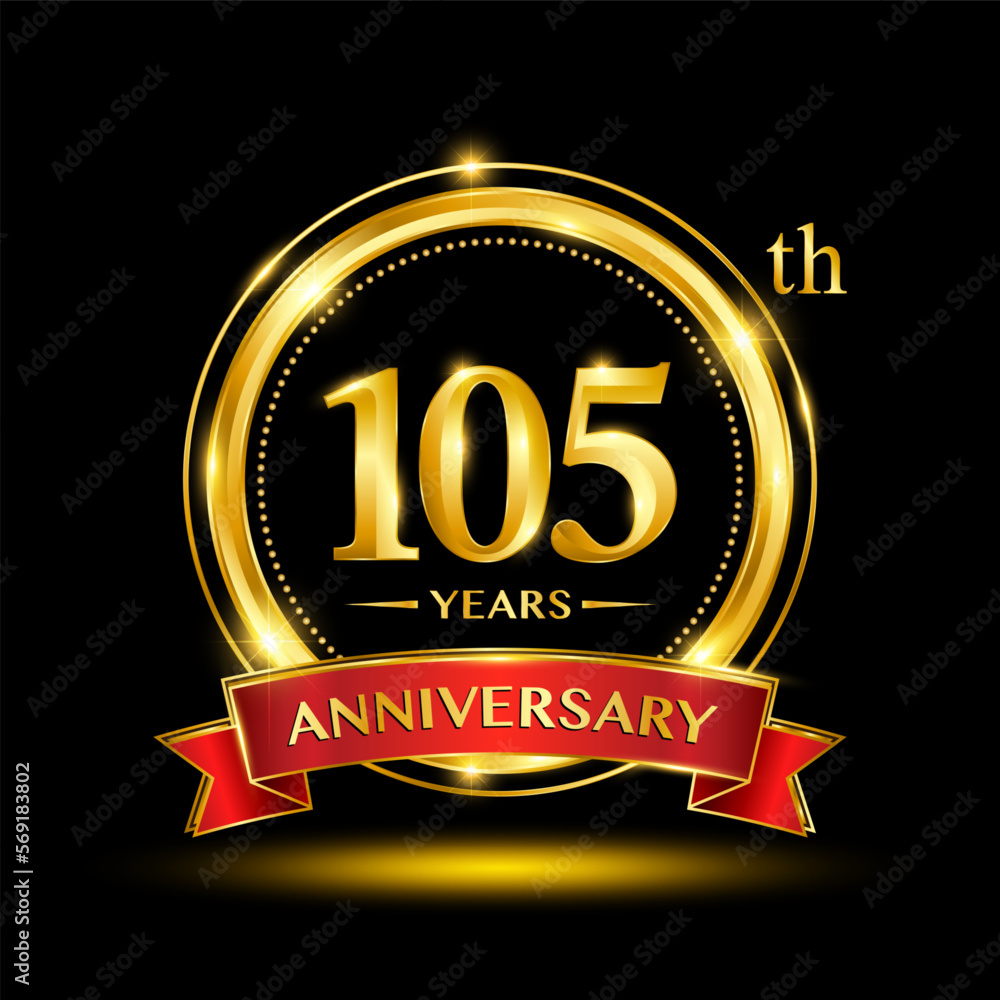 105th Anniversary logo with emblem shape. Logo design with gold ring and red ribbon for birthday celebration event. Logo Vector Template 105th Anniversary logo with emblem shape. Logo design with gold ring and red ribbon for birthday celebration event. Logo Vector Template