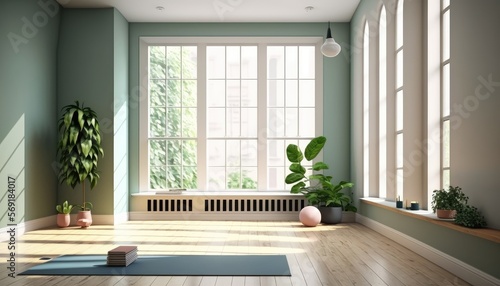 Bright and airy yoga studio with a large window, a green wall and a wooden floor. generative ai