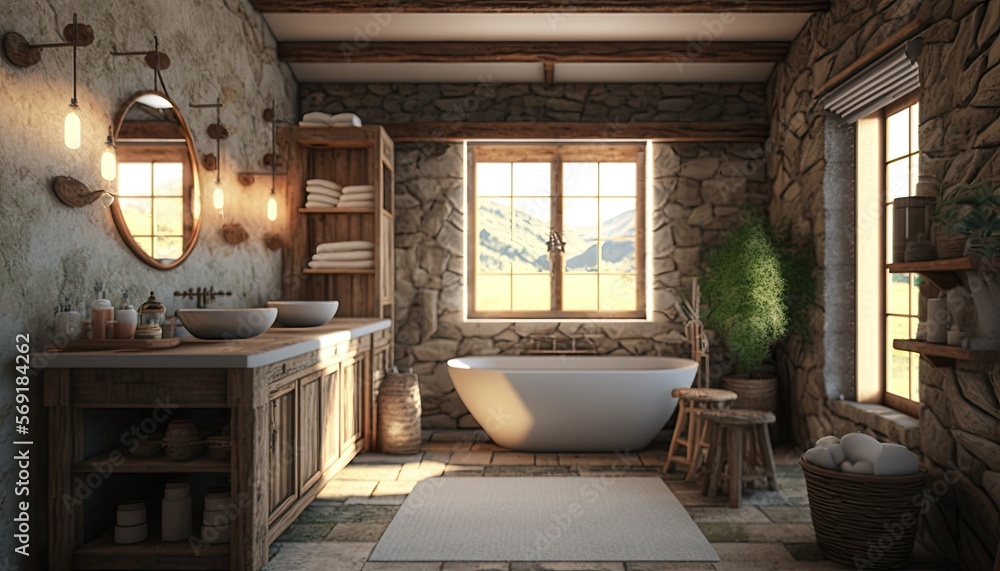 Rustic chic bathroom with a freestanding tub, a wooden vanity and natural stone accents. generative ai