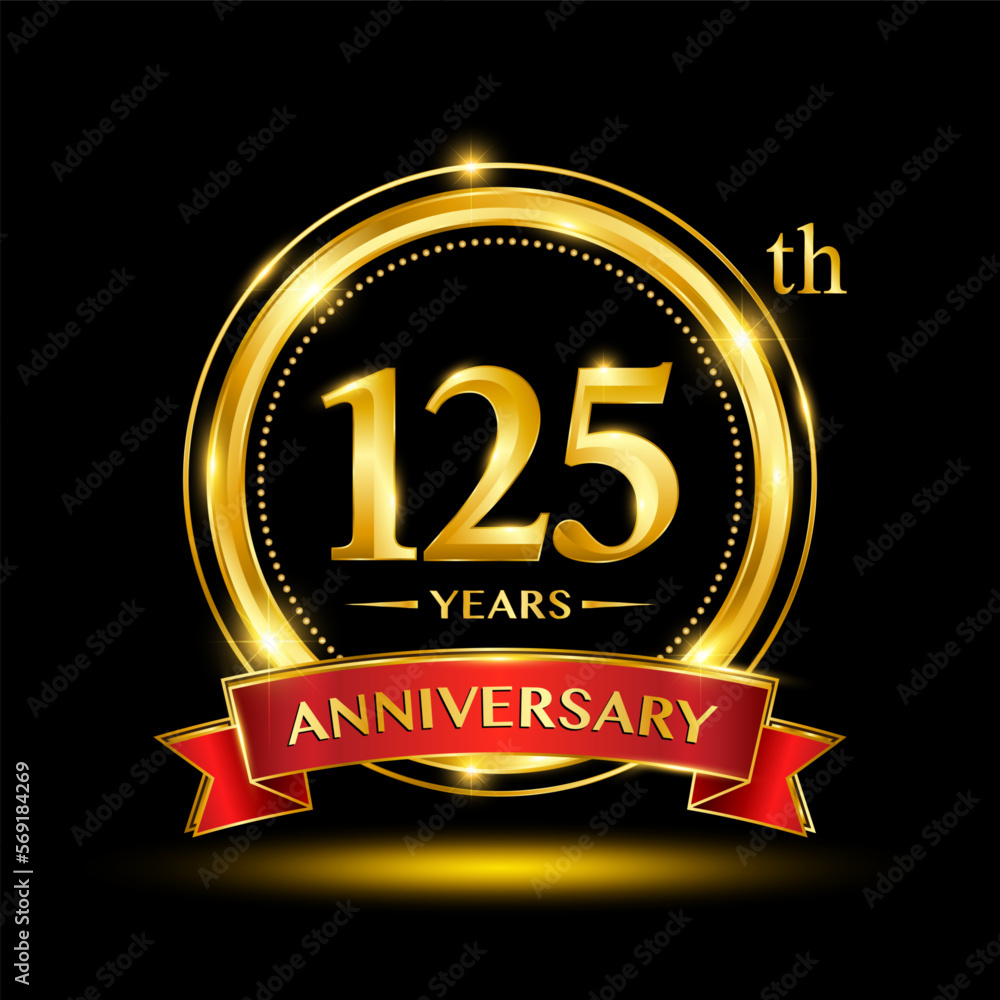 125th Anniversary logo with emblem shape. Logo design with gold ring and red ribbon for birthday celebration event. Logo Vector Template 125th Anniversary logo with emblem shape. Logo design with gold ring and red ribbon for birthday celebration event. Logo Vector Template